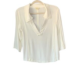 POL creme ivory super soft ribbed collared raw edge seams 3/4 sleeve top. Size L